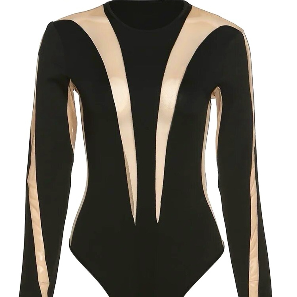 Black Mesh Patchwork Round Neck Long Sleeve Bodysuit